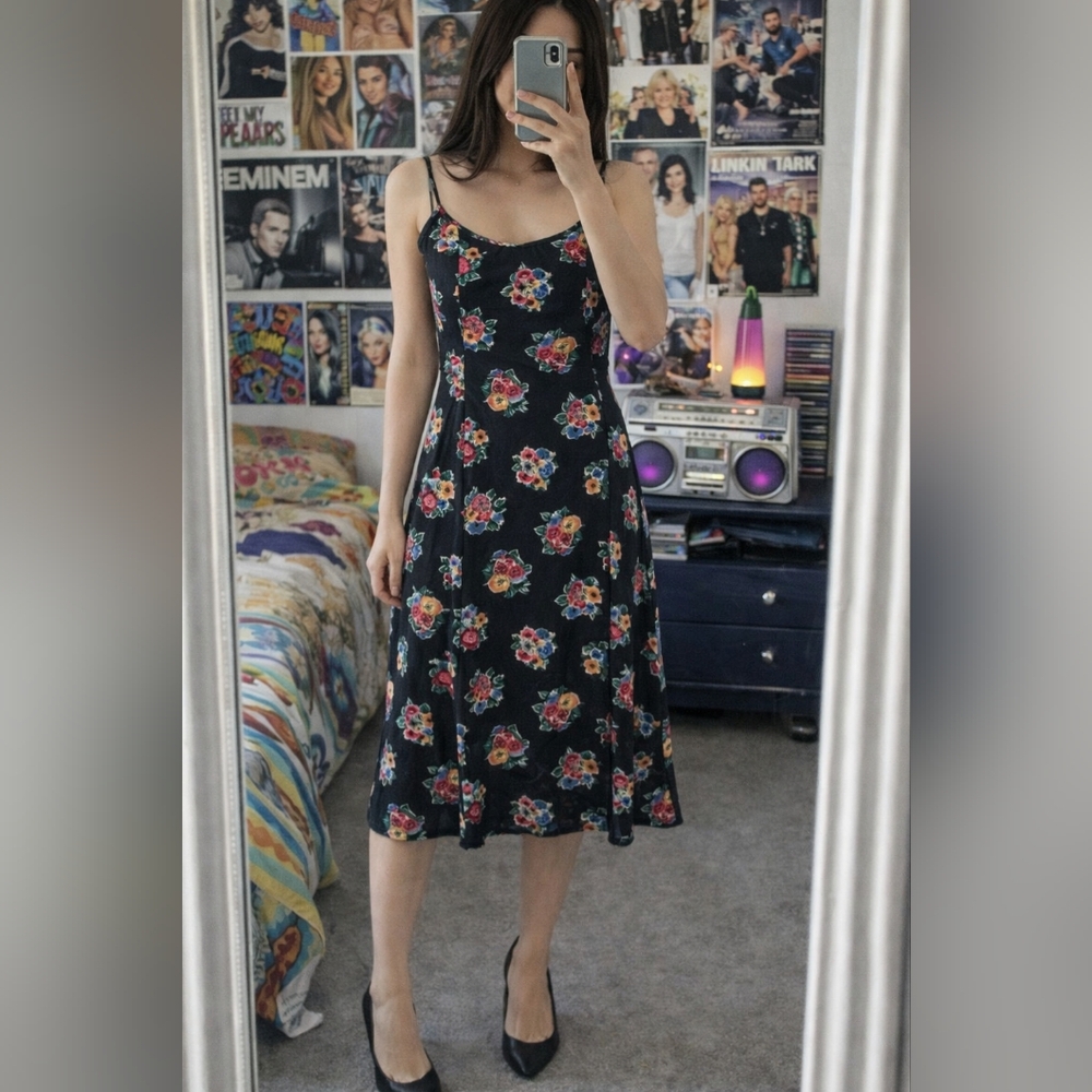 No Boundaries Floral Midi Dress Black Spaghetti Strap Summer Y2K Sz M EUC